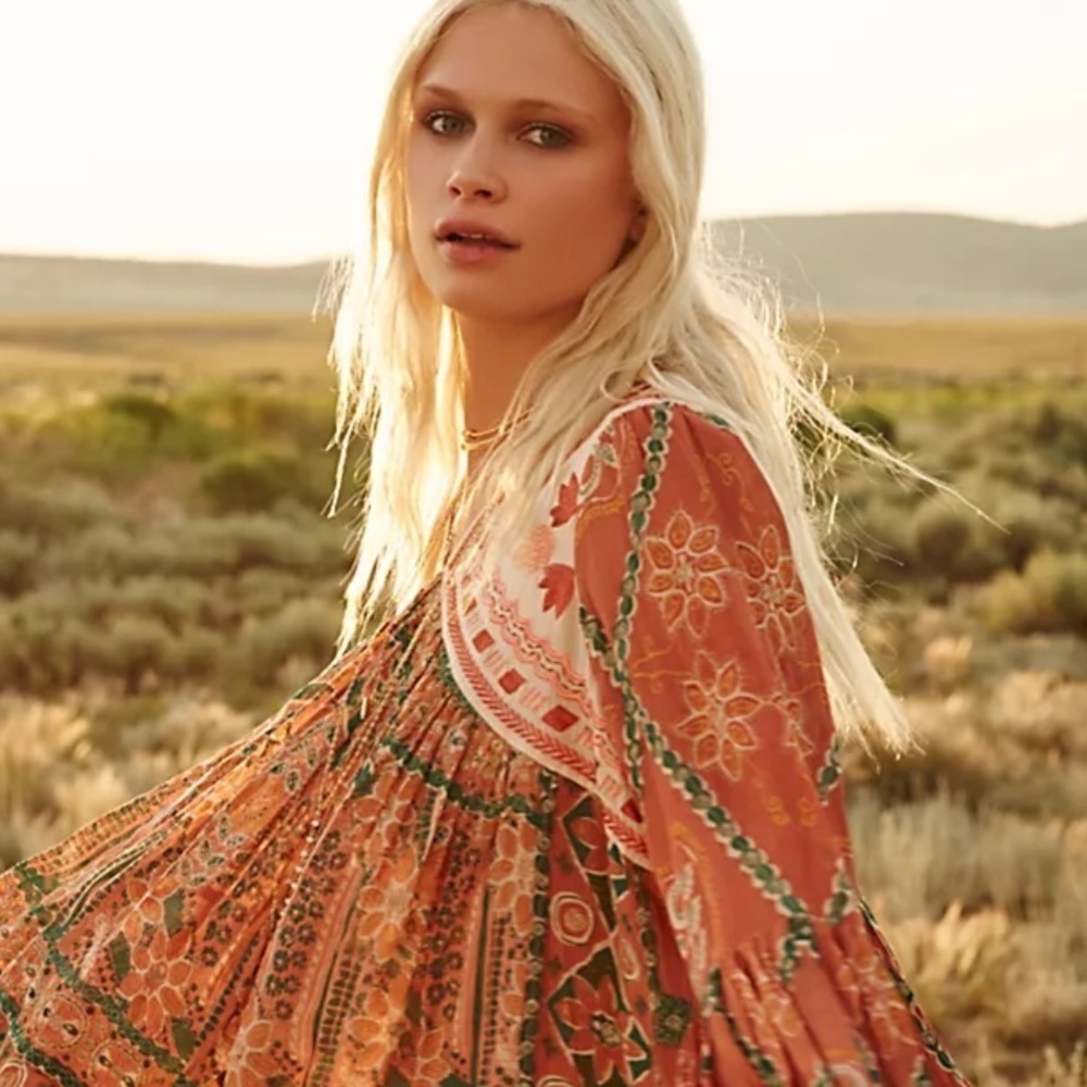 Free People Pink City Embroidered Bodice Long Sleeve Peasant Midi Dress size S